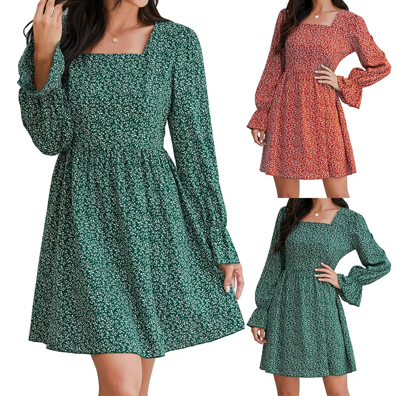 

S/M/L/XL Women Long Lantern Sleeve Sexy Floral Dresses New Fashion Casual Spring Elegant Ladies Mini Square Collar Dress