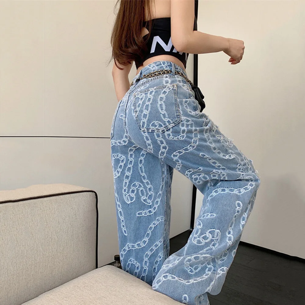 

Fashion High-rise Ripped Wide-leg Jeans Retro Ladies Hollow OutJeans Gothic Button Fly Straight Loose Casual Jeans