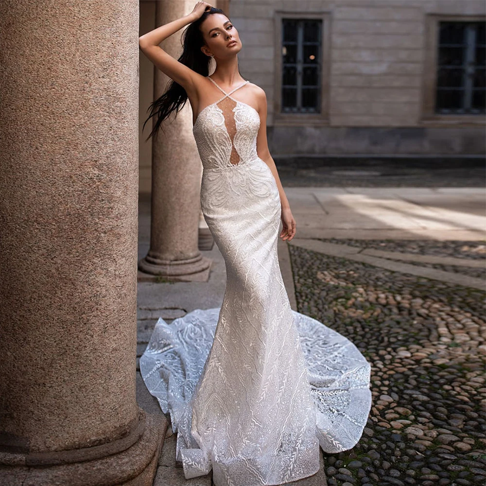 

Sexy Mermaid Wedding Dresses Custom Made Halter Sequined Appliqued Backless Spaghetti Straps 2021 New Robe De Mariée