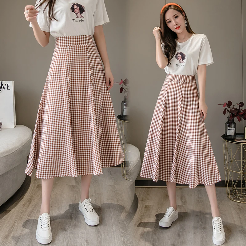 

Plaid skirt women autumn winter retro high-waist A-line long skirts ladies fashion casual black vintage midi skirts big swing