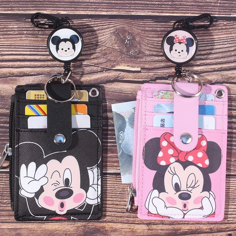Disney Mickey Minnie hanging neck  card holder card Stitch Cartoon ID card shell leather case bus card hold