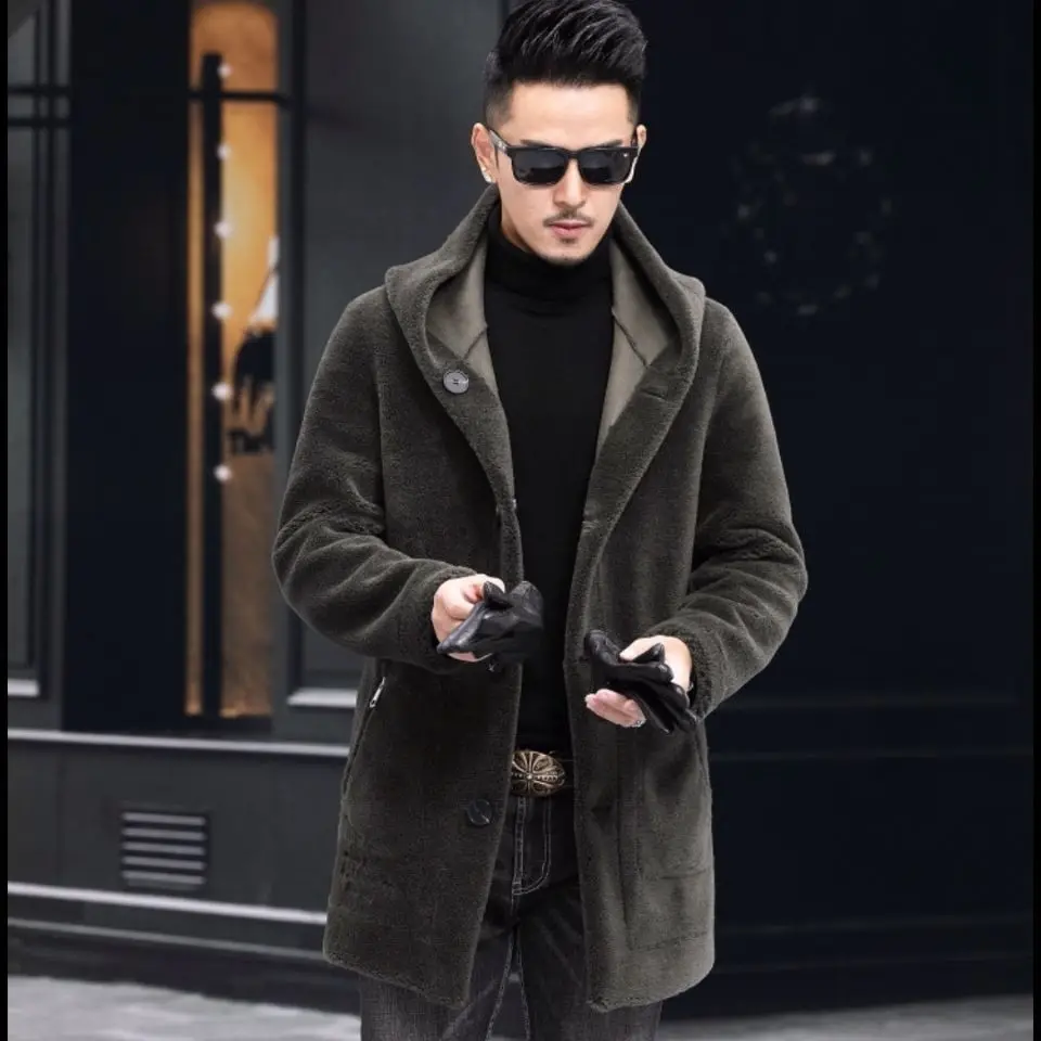 Мужская куртка из натуральной овчины теплая Толстая с капюшоном верхняя одежда