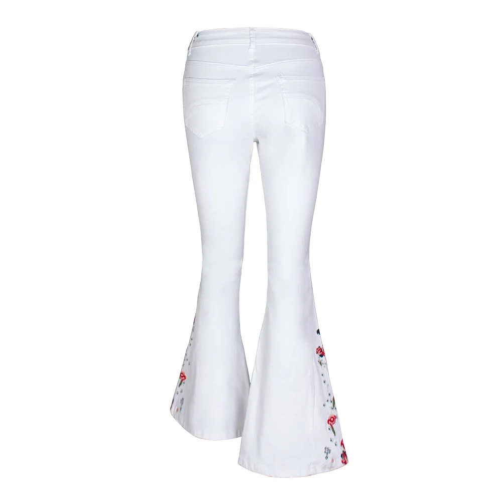 

Women's embroidered casual wide leg pants high waist pure white flared jeans