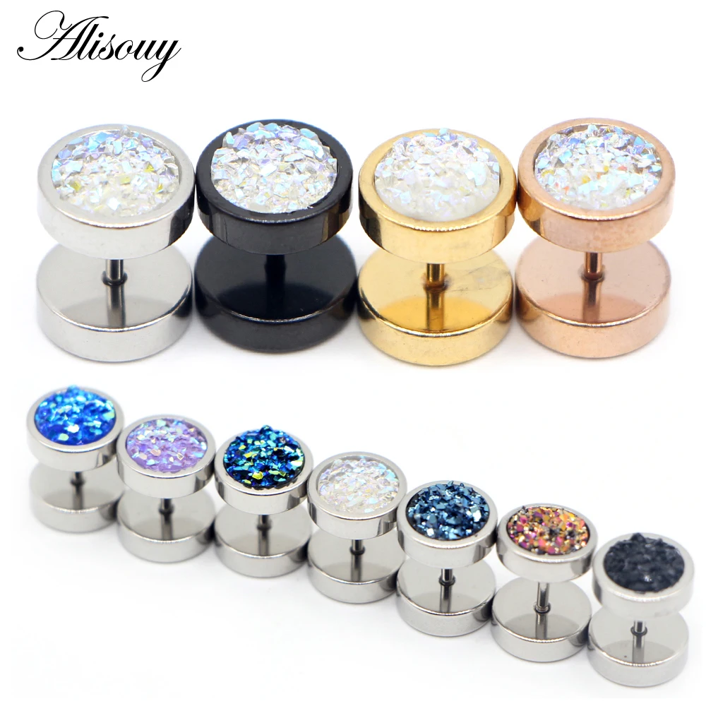 

Alisouy 2pc Stainless Steel Earring Punk Round Ore Crystal Men Women Dumbbells Barbell Ear Stud Earrings Piercing Jewelry