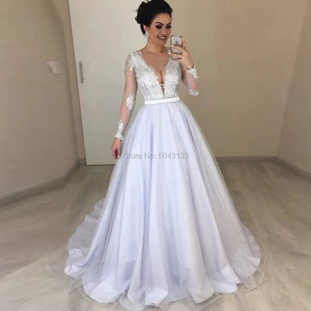 Свадебное платье в пол из блестящего тюля с длинным рукавом и глубоким V образным