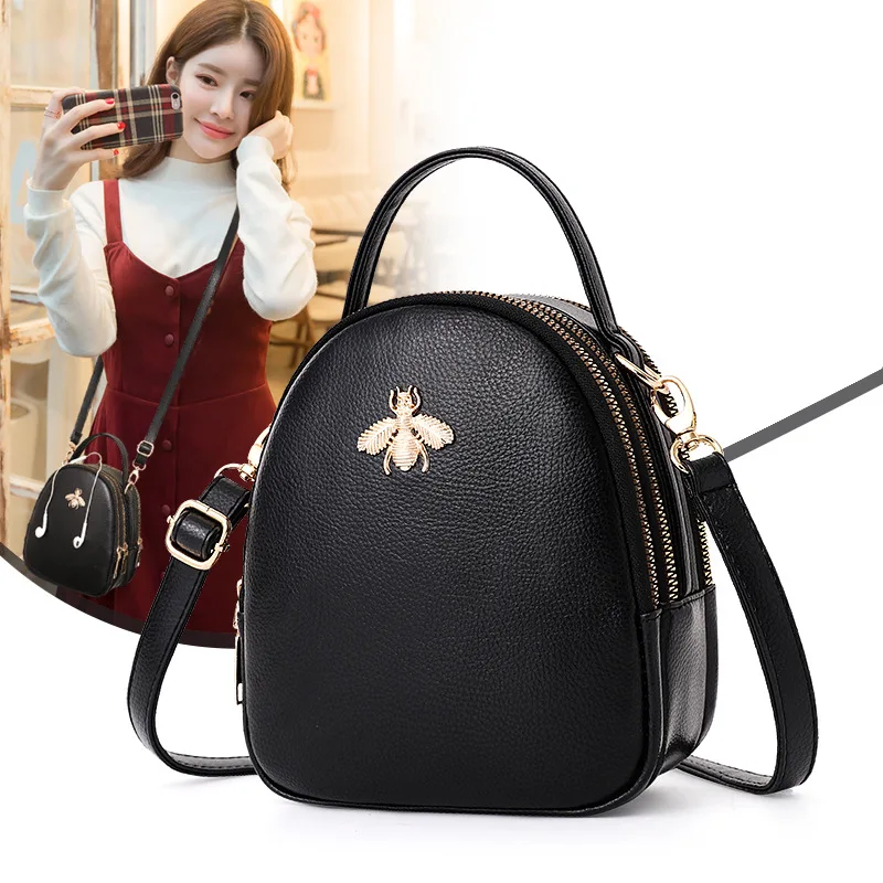 Новинка 2020 женский рюкзак модный милый маленькая пчелка логотип черный кожаный