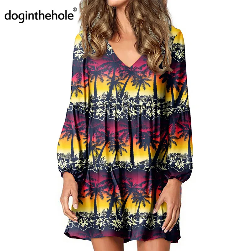 

Doginthehole Women's Summer Casual Swing Tunic Gradient Hawaii Tropical Pattern Long Sleeve Ruffle Loose Dress For Teen Girls