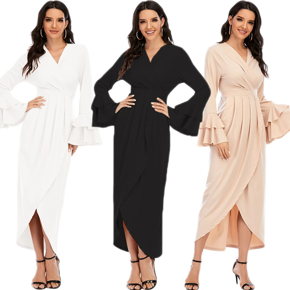 

Модное женское Платье макси с расклешенными рукавами, асимметричное вечернее платье на шнуровке, абайя, Дубай, кафтан, Турция, кафтан, мусул...