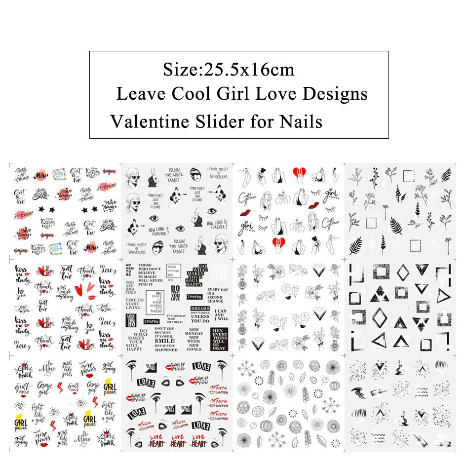 Новое поступление 3D наклейки для ногтей Валентин буквы девушка лист стильные