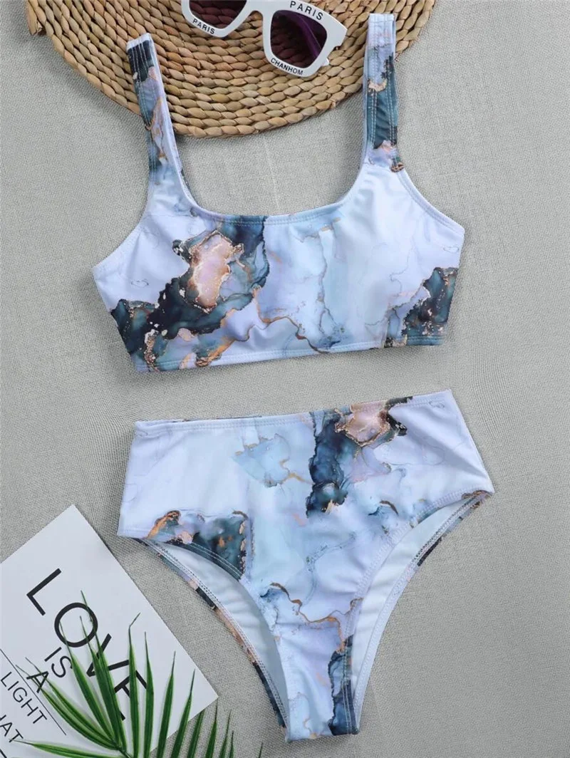 

Women Print Bikini 2021 Summer New Marble Printed Push Up Bandeau Swimsuits Sexy High Waist Beach Sport Bathing Suit Biquinis