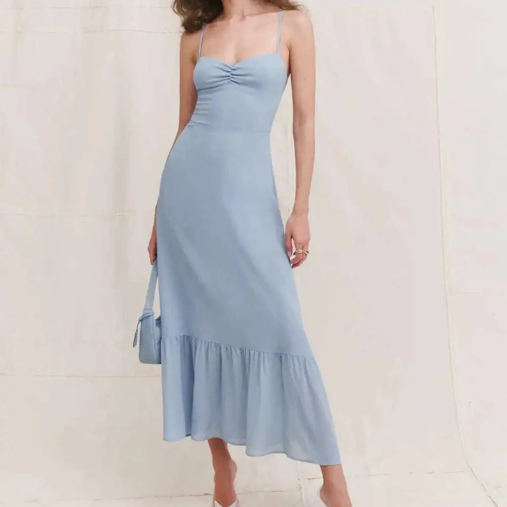 

Vintage Center Ruched Women Summer Dresses Chic Chiffon Blue Midi Dress Retro Spaghetti Straps Vestidos
