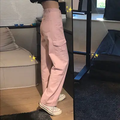 

Pink Cargo Pants Women High Waist Wide Pants Straight Palazzo Pants Harajuku 2020 Women Fashion Trousers Women Pockets