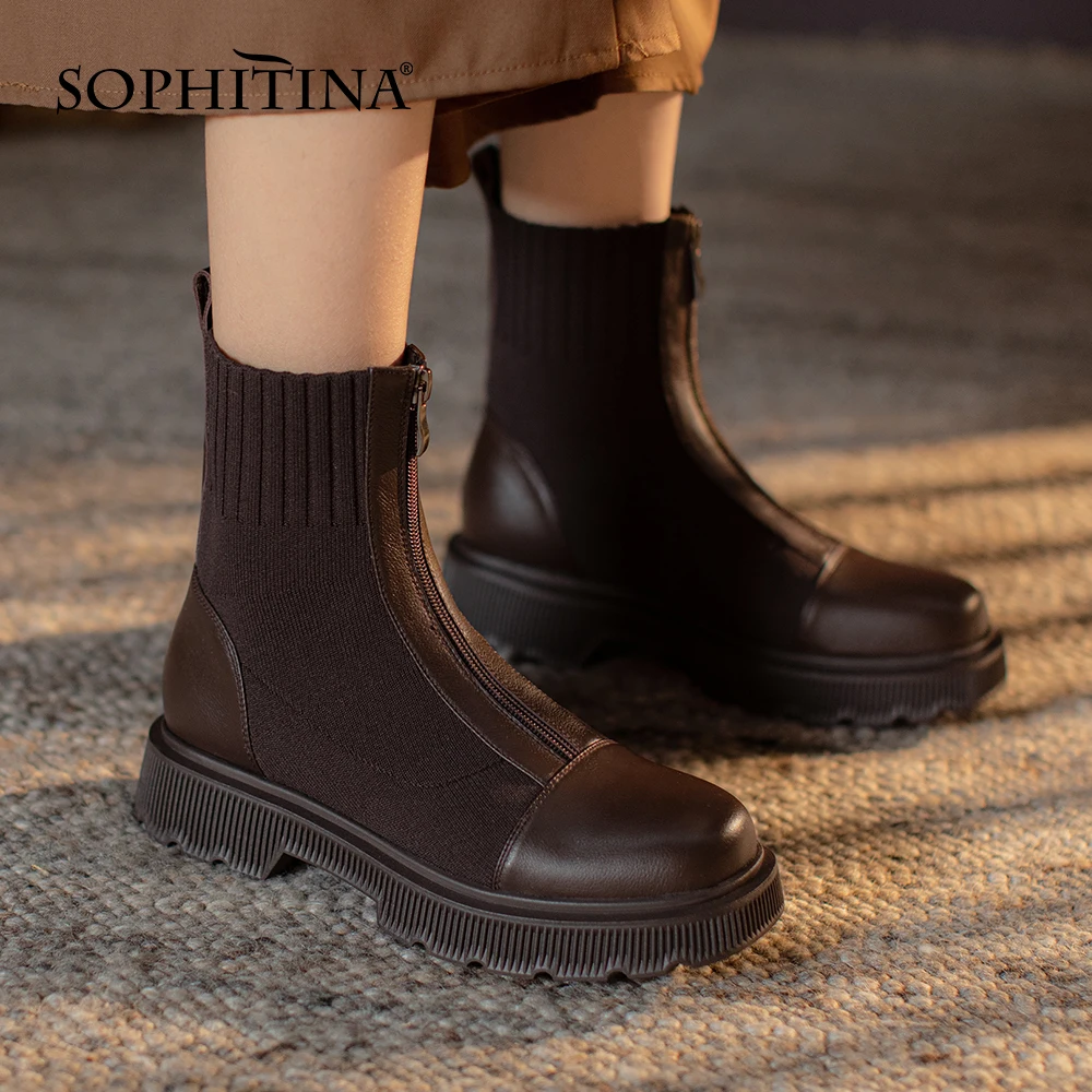 

SOPHITINA Autumn Women Boots Leather Knitted Stitching Stretch Short Shoes Round Toe Zipper Flat Bottom Female Ankle Boots HO426