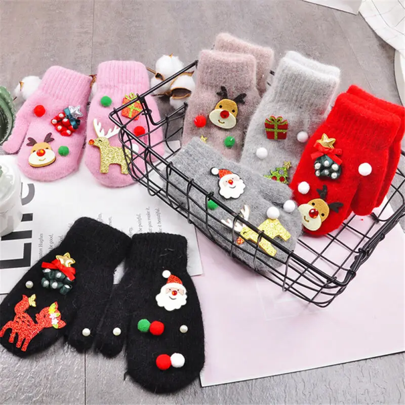 Xmas Baby Kids Goves Boys Girls Cartoon Elk Wool Plain Fleece Mittens Toddler Winter Gloves Warm Christmas New Year Gifts 3-10Y |