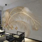 Настенные 3D-обои на заказ с изображсветильник модных перьев, Роскошные 3D Золотые тисненые линия, фоновые настенные Стикеры, наклейки
