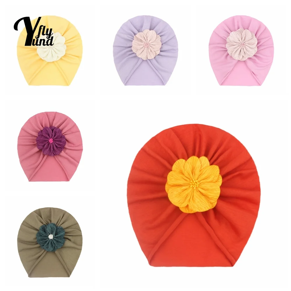 

Yundfly 18*17 CM Fashion Soft Baby Girls Turban Hat Solid Color Handmade Flowers Newborn Caps Comfortable Warm Children Headwear