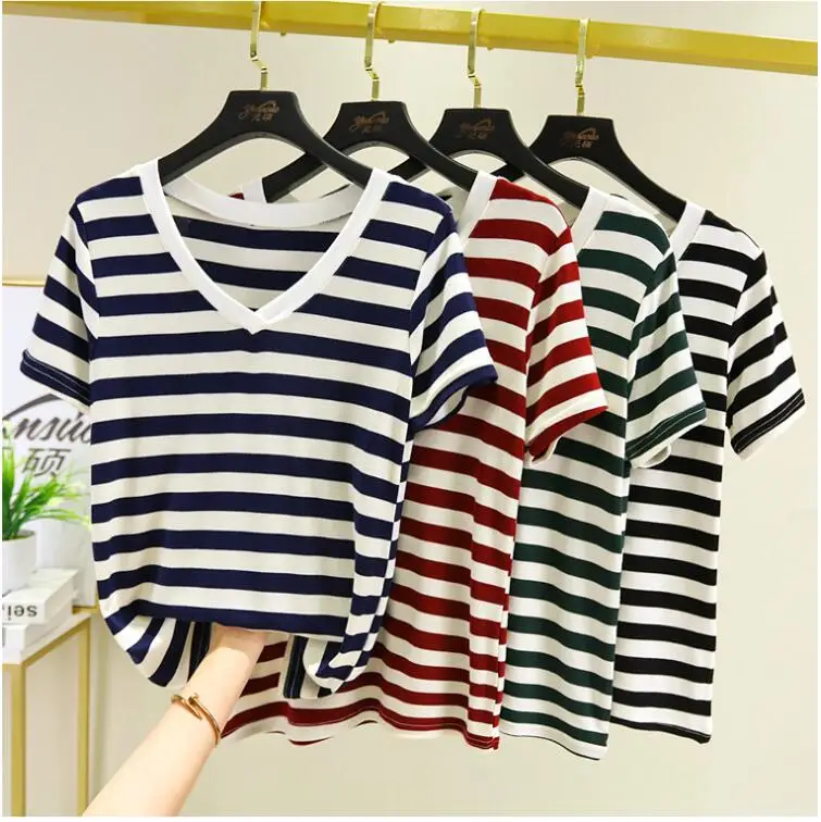 

Полосатая рубашка уличная женская одежда 2020 в Корейском стиле, летняя Модная Футболка Camisa Mujer женские футболки