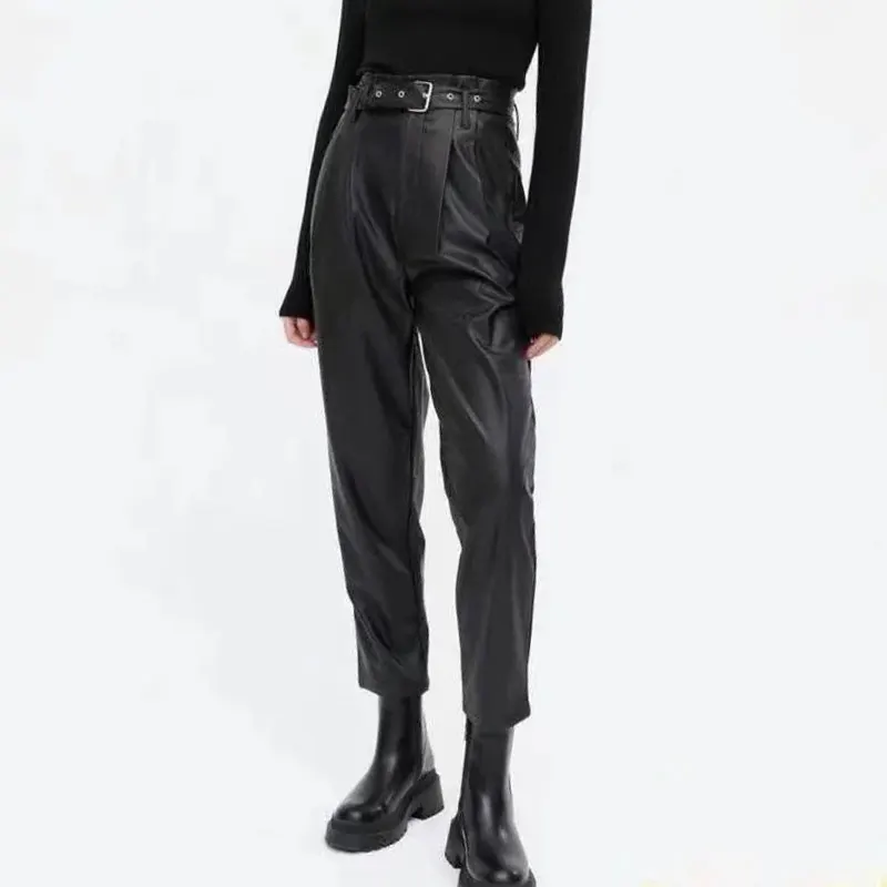 

Женские брюки из искусственной кожи с высокой талией и карманами