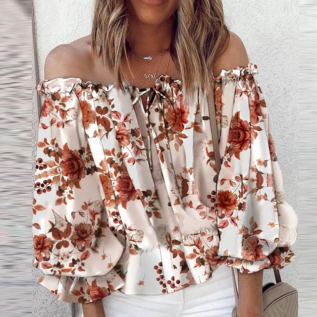 

Women Elegant Floral Print Boho Blouse Shirts Summer Fashion Casual Lantern Sleeve Chiffon Shirts Lady Sexy Off Shoulder Tops