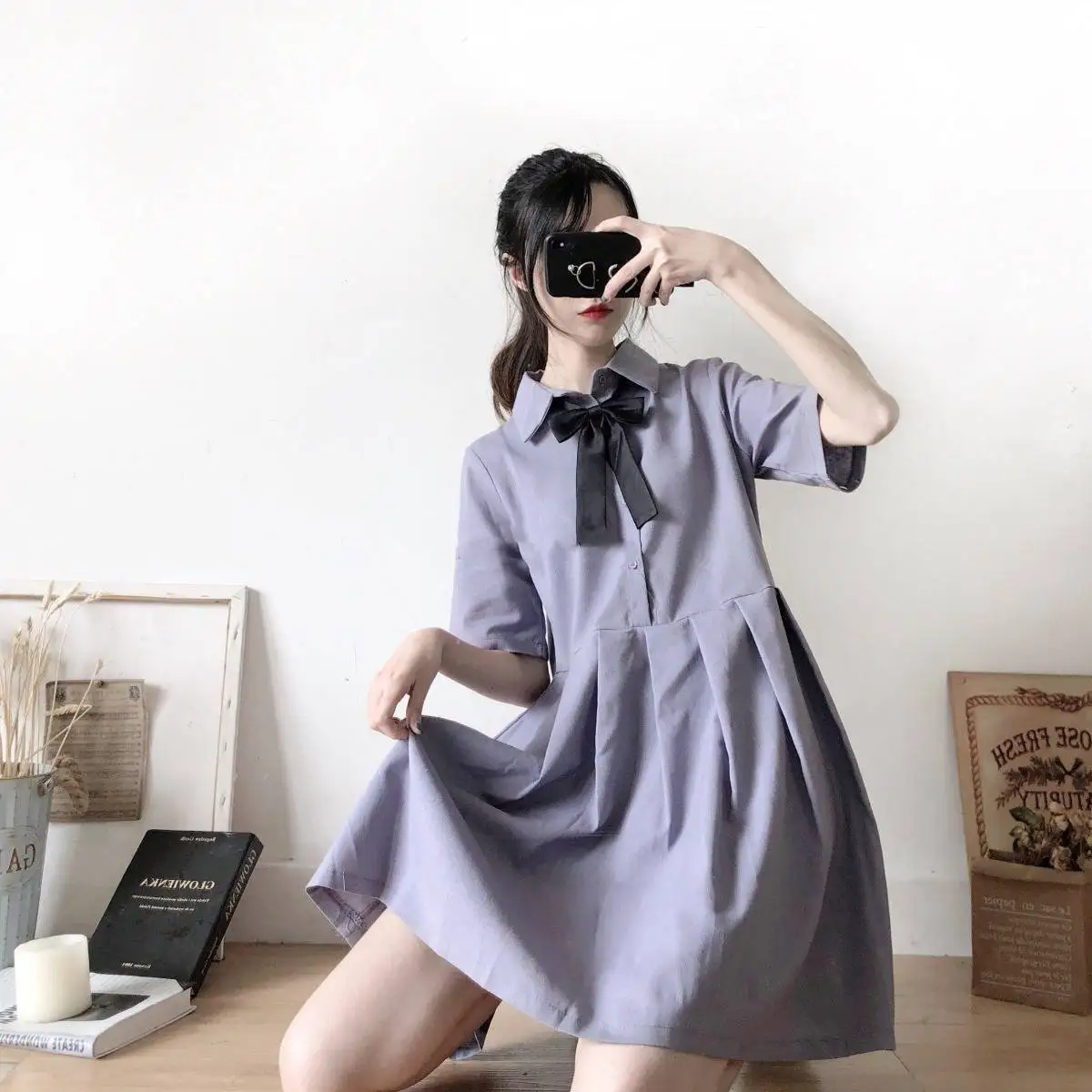 

Japanese Sweet Lolita Dress Women Summer Harajuku Soft Sister Loose Shirt Dress Girls Kawaii Student Bow Tie Jsk Lolita Dresses