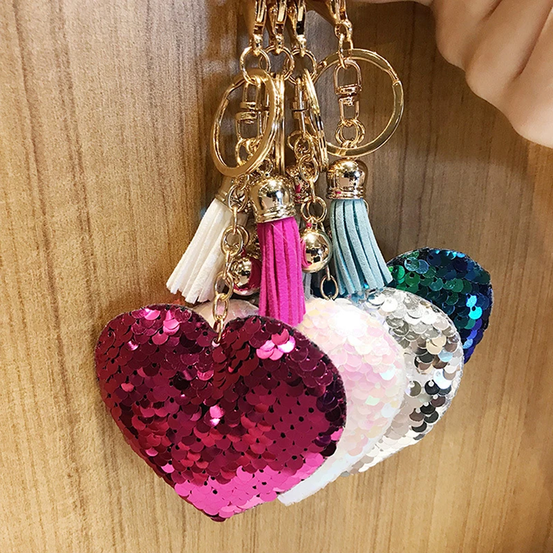

Hot sale Cute Glitter Sequins Jewelry Key Chain Women Sequins Heart Bag Keychain With TasselGifts Accessories