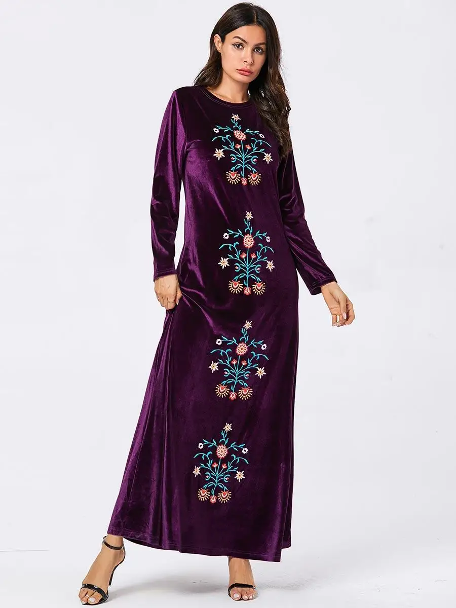 Дубай abaya вельветовое платье с длинными рукавами мусульманская женская одежда с вышивкой винтажное платье-Кафтан Исламская одежда с круглым вырезом Арабская Мода