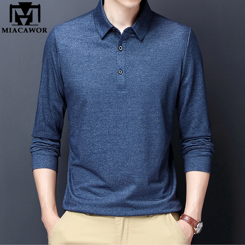 

MIACAWOR 2022 New Spring Long Sleeve Polo Shirts Men Casual Solid Color Poloshirts Slim Fit Tee Shirt Men Tops T957