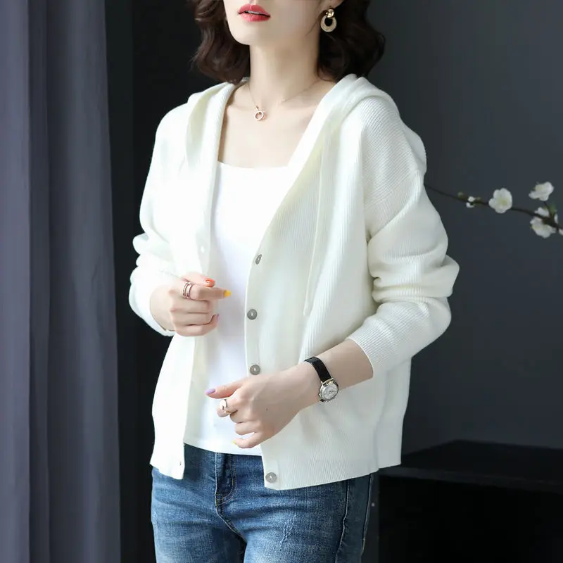 Женский тонкий вязаный свитер с капюшоном повседневный Свободный укороченный