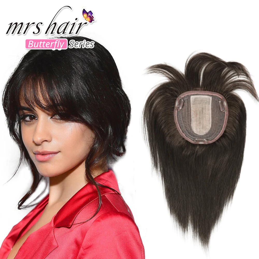 

MRS HAIR Toupee Women Hairpiece Clip In Human Hair Extensions 13x13 Topper #1B Natural Black Machine Made Headseam With Bangs