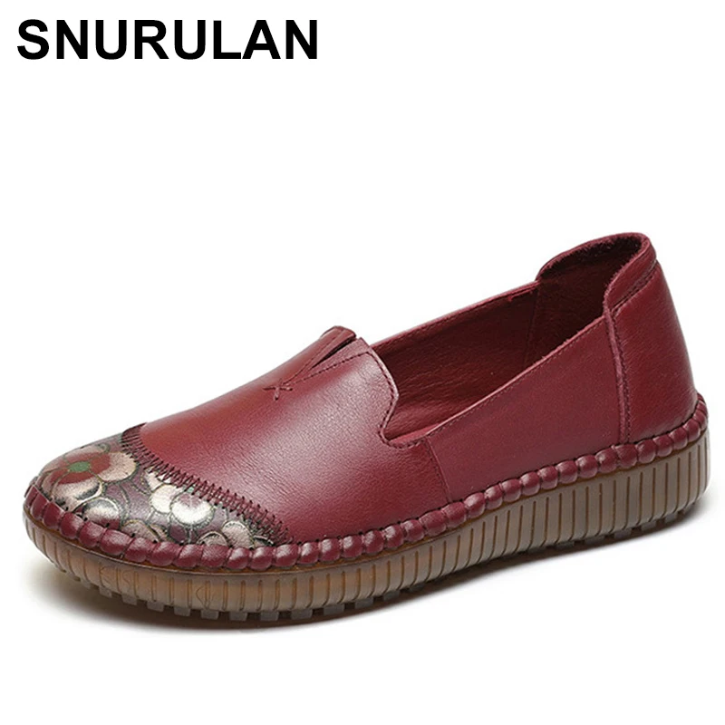 

SNURULAN 2020 Retro Handmade Mom Flats Plus Size 35-41 Genuine Leather Women Loafers Casual Soft Comfortable Shoes