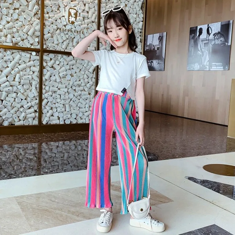 

Girls Summer Clothes Set for Teens Girl Solid T shirts Tops+ Wide Pants 2Pcs Casual Kids Clothing Suit 6 7 8 10 11 12 14 Years