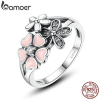 bamoer fashion 925 sterling silver pink flower poetic daisy cherry blossom finger ring for women 6 7 8 9 size jewelry scr004