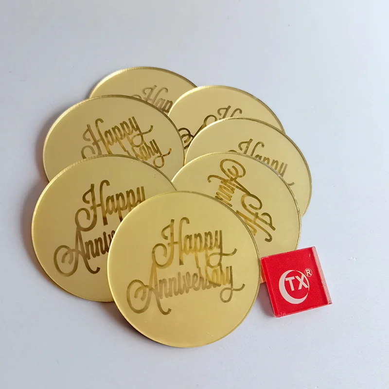 

Happy Anniversary Acrylic Mini Cake Topper Golden Disc Baking Cake Toppers Wedding Anniversary Party Cupcake Decoration Supplies