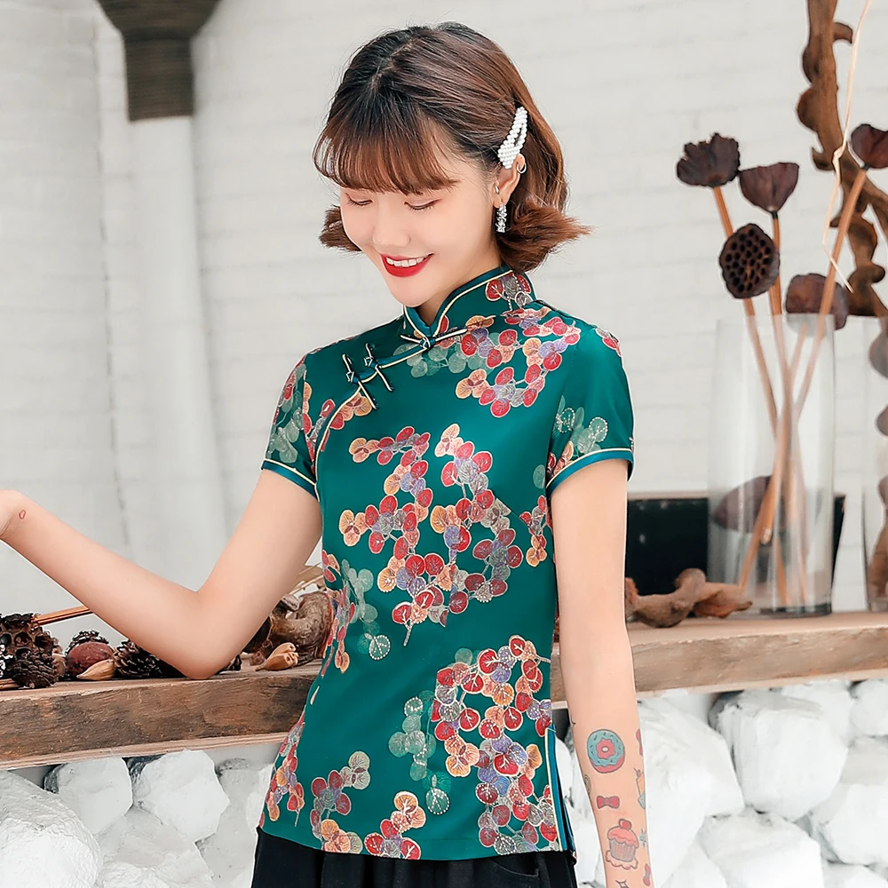 

Big Size 3XL-5XL Women Blouse Short Sleeve Chinese Traditional Cotton Tops Elegant Mandarin Collar Blue Print Flower Shirt