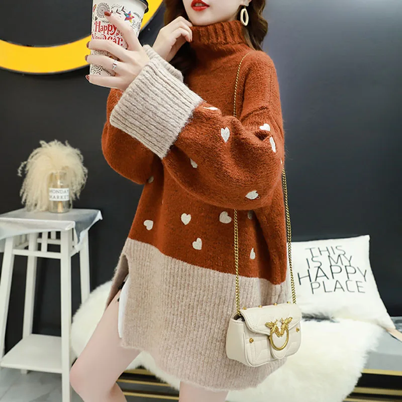 

2020 Korean Autumn Women Clothing Oversized Knitted Pullovers Patchwork Contrast Color Weater Jumper Woman Turtleneck Sweaters