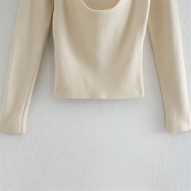 

Women 2021 Fashion Stretch Slim Cropped Knitted Sweater Vintage Heart-shaped Collar Long Sleeve Female Pullovers Streetwear