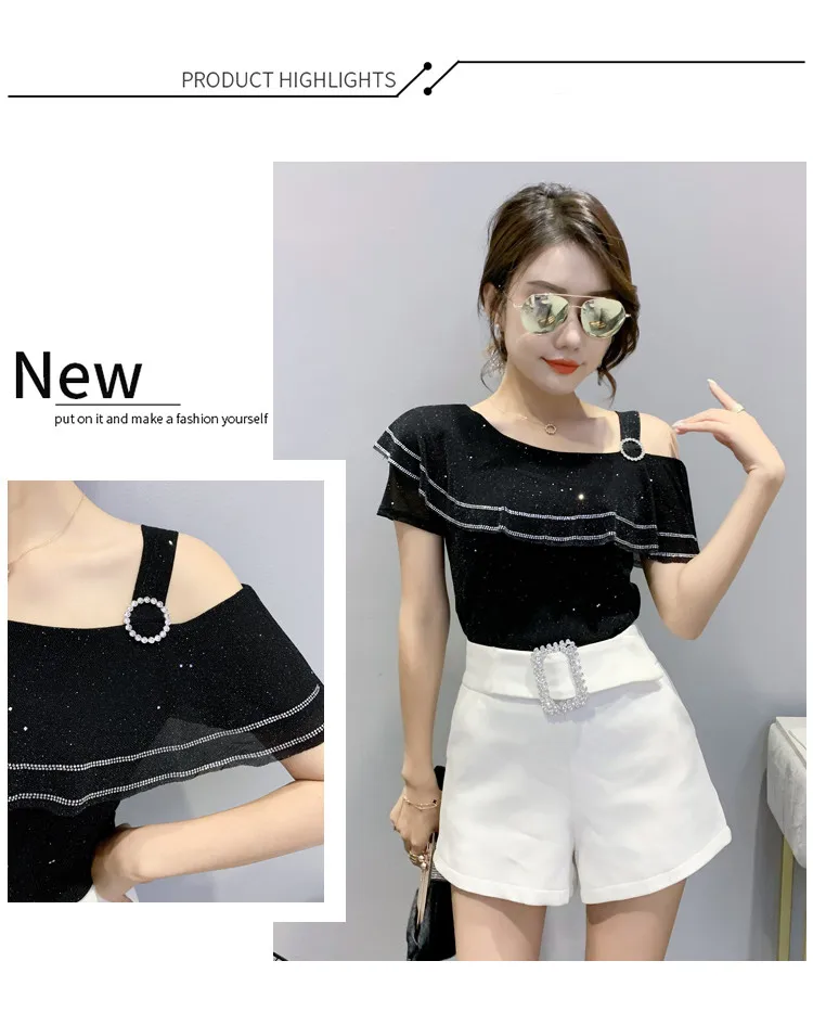 

Summer European Clothes T-Shirt Chic Sexy Off Shoulder Ruffles Shiny Diamonds Women Tops Short Sleeve All Match Tees New T15205A