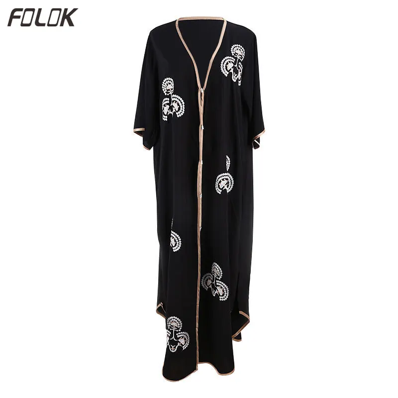 Черное хлопковое пляжное платье летний купальник накидка туника с вышивкой