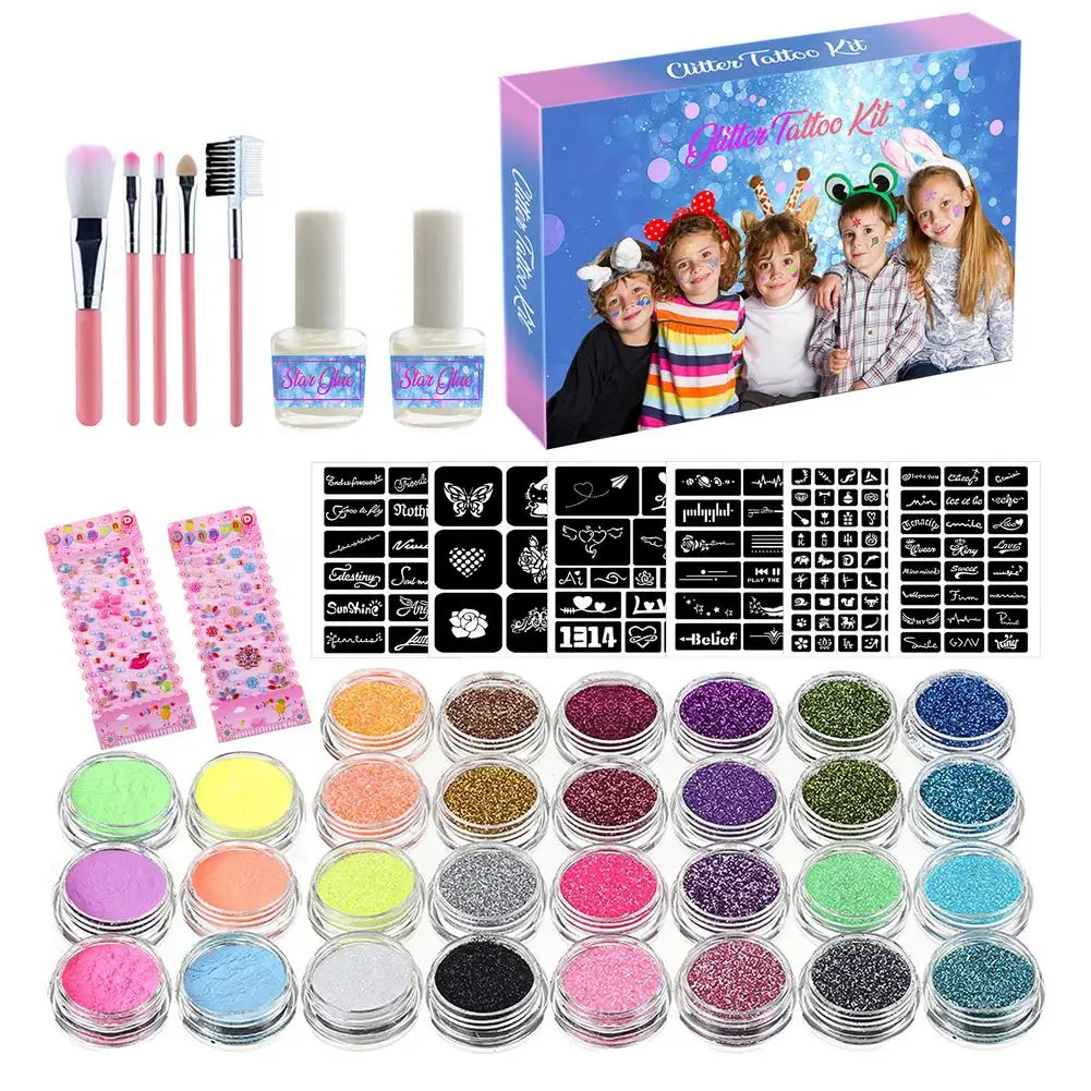 

Flash Temporary Tattoo Set 30 Colors Glitter Powder Temporary Tattoo Kits With Brushes Kids Halloween Party Body Art Kits