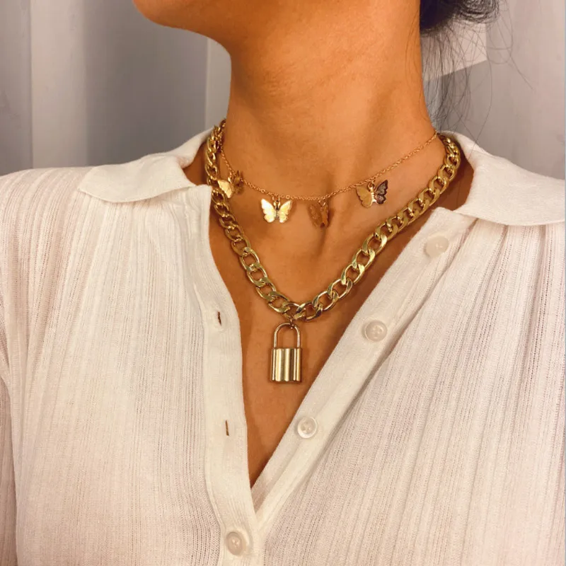 

Vintage Personality Metal Necklace for Women Men Butterfly Concentric Lock Pendant Necklace Punk Jewelry Party Rock Chain Gifts