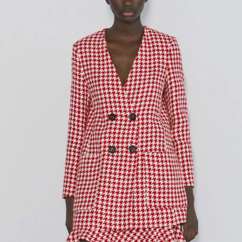 Винтажный стильный двубортный жакет в гусиную лапку пальто для женщин 2019 мода