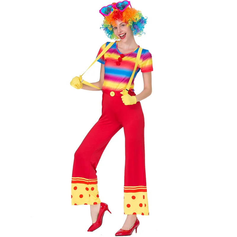 Colored Stripes Women Circus Clown Cosplay Female Halloween Droll Joker Costumes Carnival Purim Nightclub Role Play Party Dress