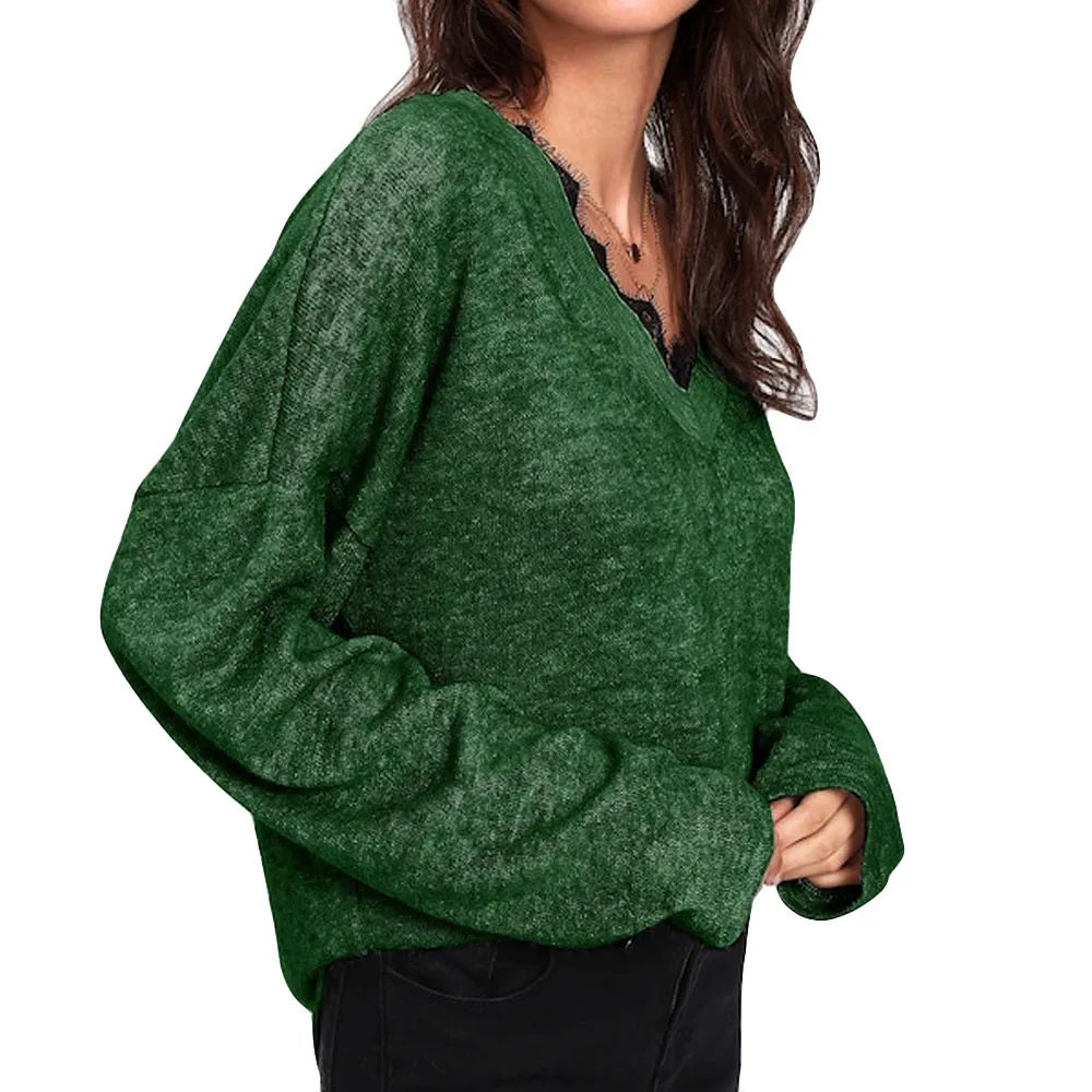 Retro Lace Tunic Knitwear Sweater Women Pullover Long Sleeve V-Neck Casual Loose Jumper Autumn Women's Knitted Tops F821 | Женская