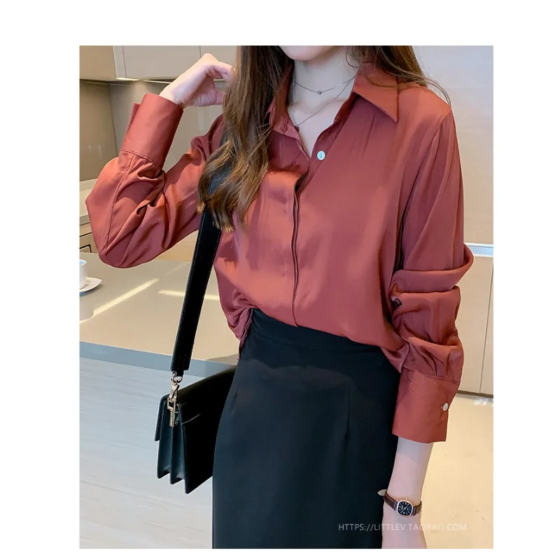 

Sexy Ladies Blouse V-neck Soild Red Color Women 2020 Spring Autumn Silk Texture Clothes Casual Long-sleeve Vintage