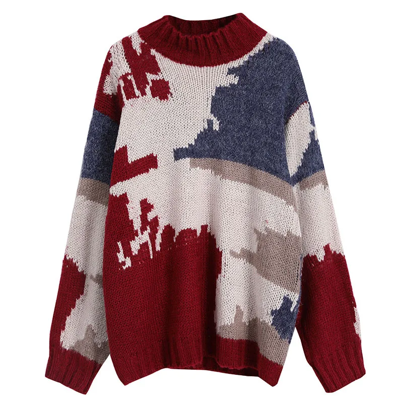 

rinted stitching Women Sweater, 2020 New Round neck Top, Loose pullover sweater Autumn Winter,christmas sweater Female W304