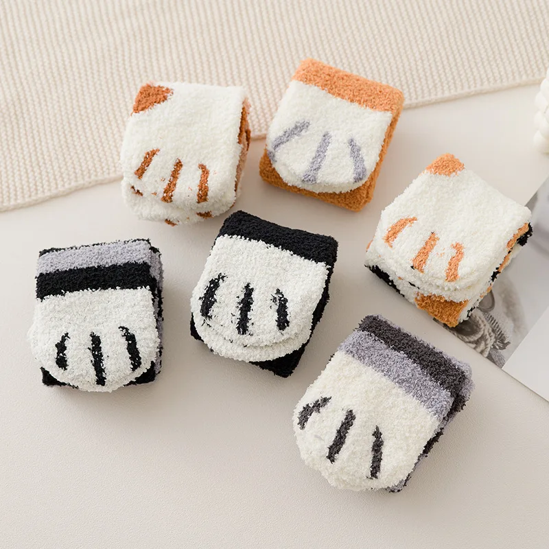 6 Pairs Women Socks Fluffy Warm Slipper Sock Autumn Winter Fall Fuzzy Cute Girl Cat Paw Home Sleeping Cat Claw Cute Animal Socks