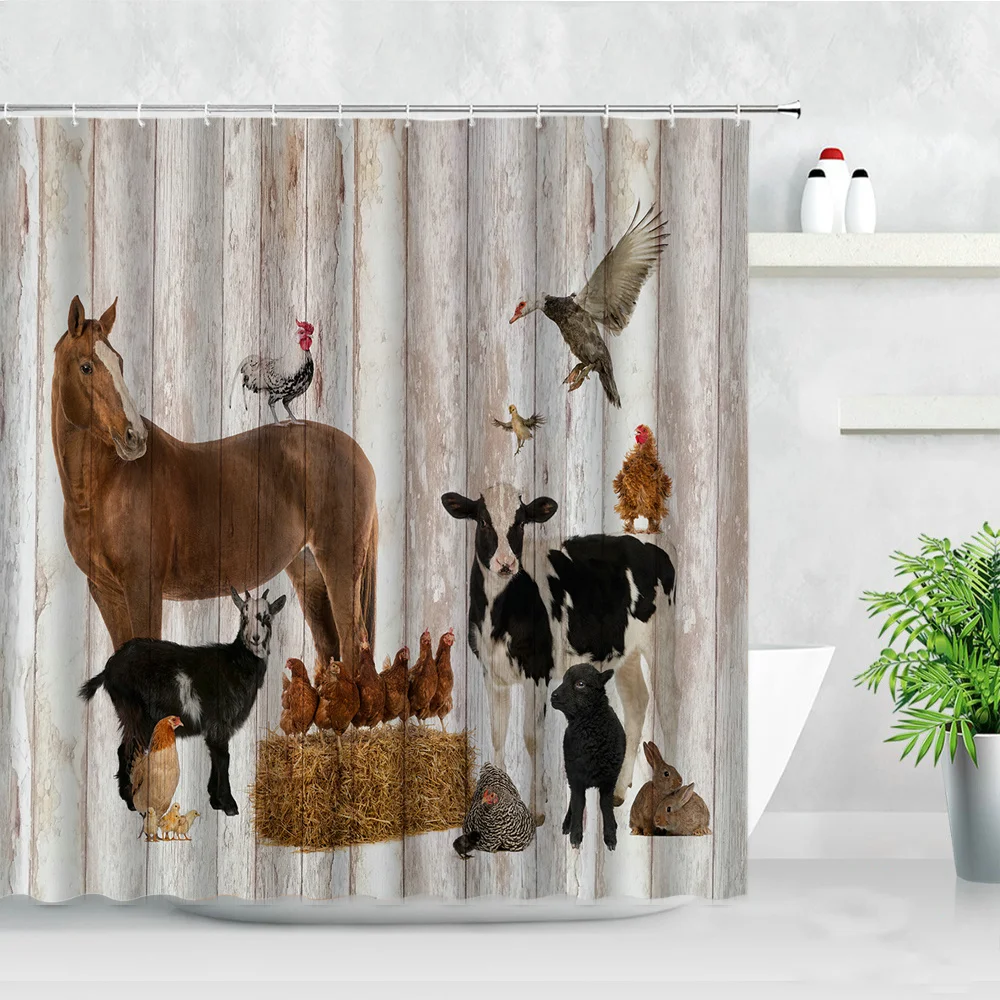 

Farmhouse Cow Shower Curtains 3D Watercolor Farm Animals Cattle Daisy Rural Barn Retro Wood Board Decor Bathroom Bathtub Curtain