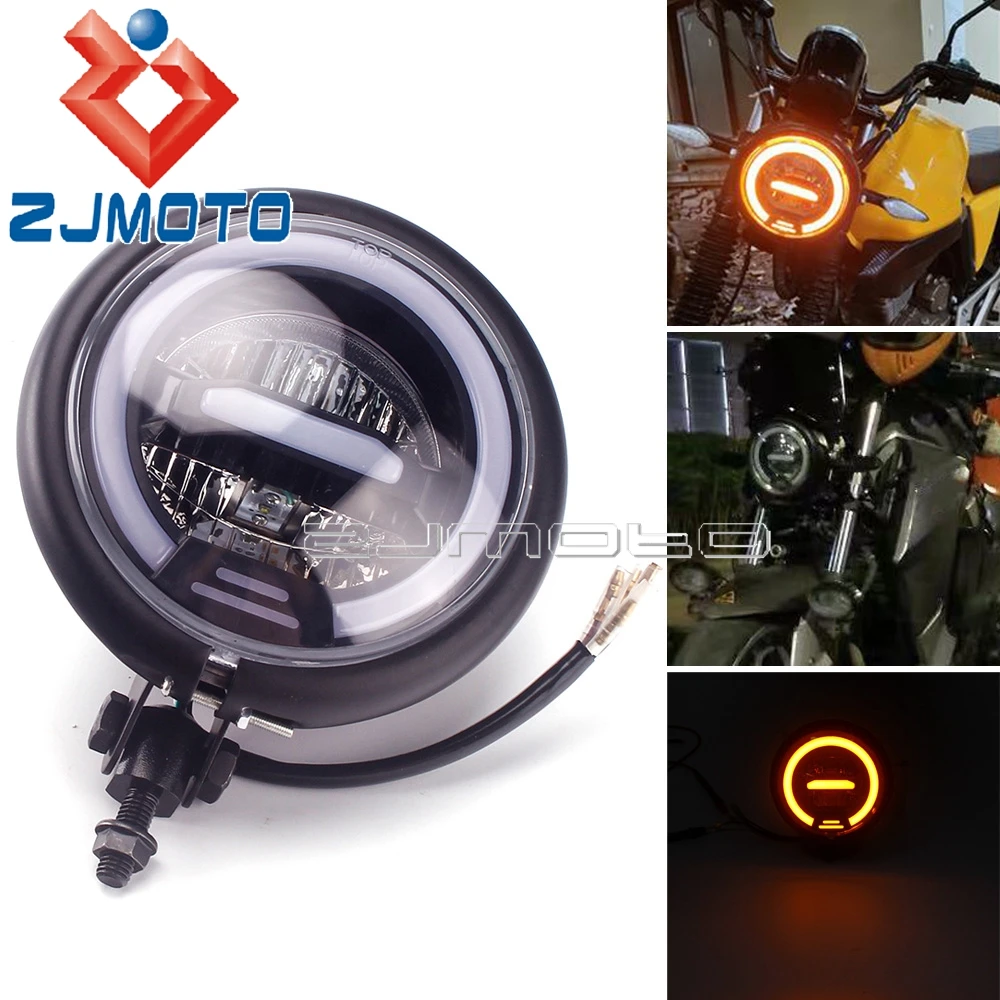 

For Harley BMW Bobber Chopper Motorcycle Cafe Racer Retro LED Amber Headlight Daytime Running Light High Low Beam DRL Head Lamp