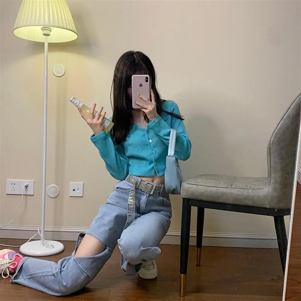 

Fat sister hole jeans women's summer 2020 large high waist loose cover meat show thin straight leg floor pants