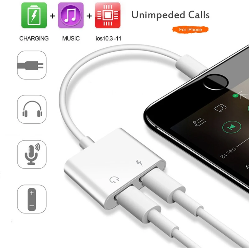 2 в 1 Aux аудио разветвитель для наушников адаптер зарядного устройства iPhone 7 8 Plus